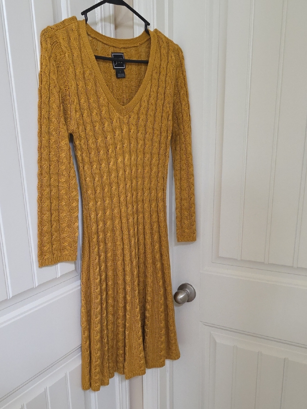 Ava & Viv Mustard Cable Knit V‑Neck Long Sleeve Dress